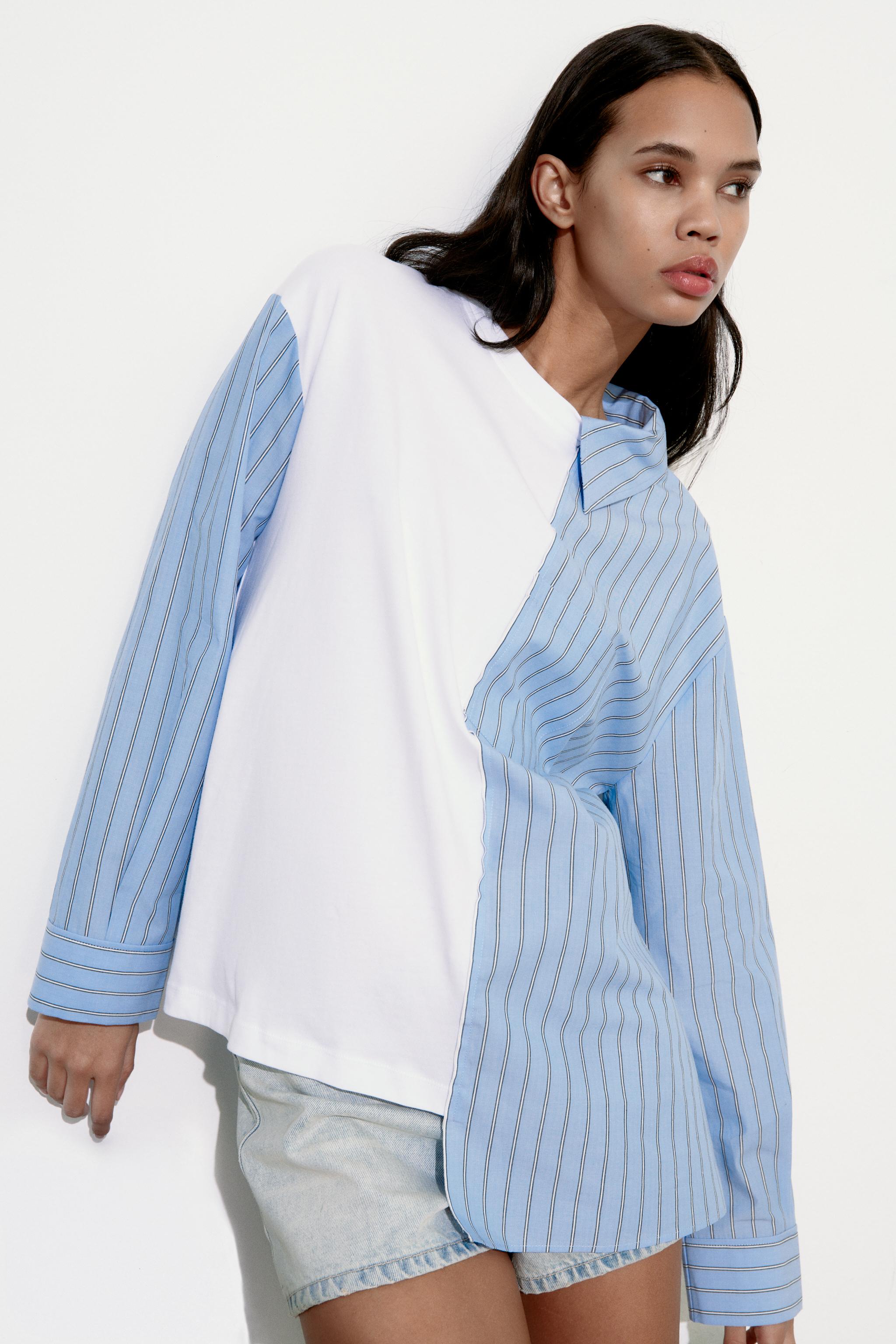 コンビポプリンＴシャツ - 青色/白色 | ZARA Japan / 日本