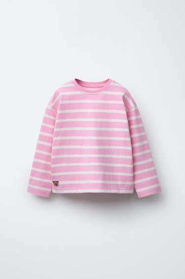 Zara HEAVYWEIGHT STRIPED EMBROIDERED T-SHIRT - Pink