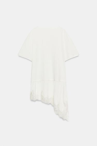 T-SHIRT EN MATIÈRES VARIÉES ET DENTELLE À COL TUNISIEN - Écru de Zara - Image 4