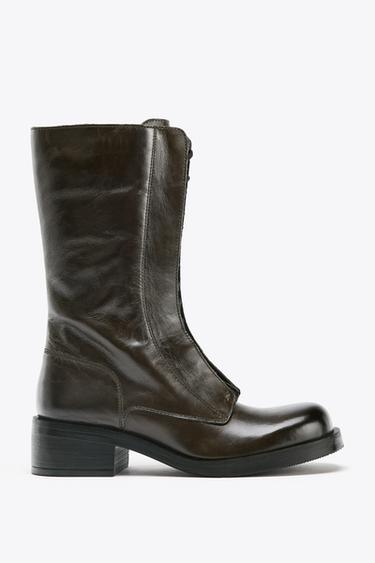 LEATHER LACE-UP ANKLE BOOTS - Khaki Green by Zara