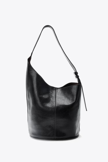 ASYMMETRIC LEATHER BUCKET BAG - Black by Zara