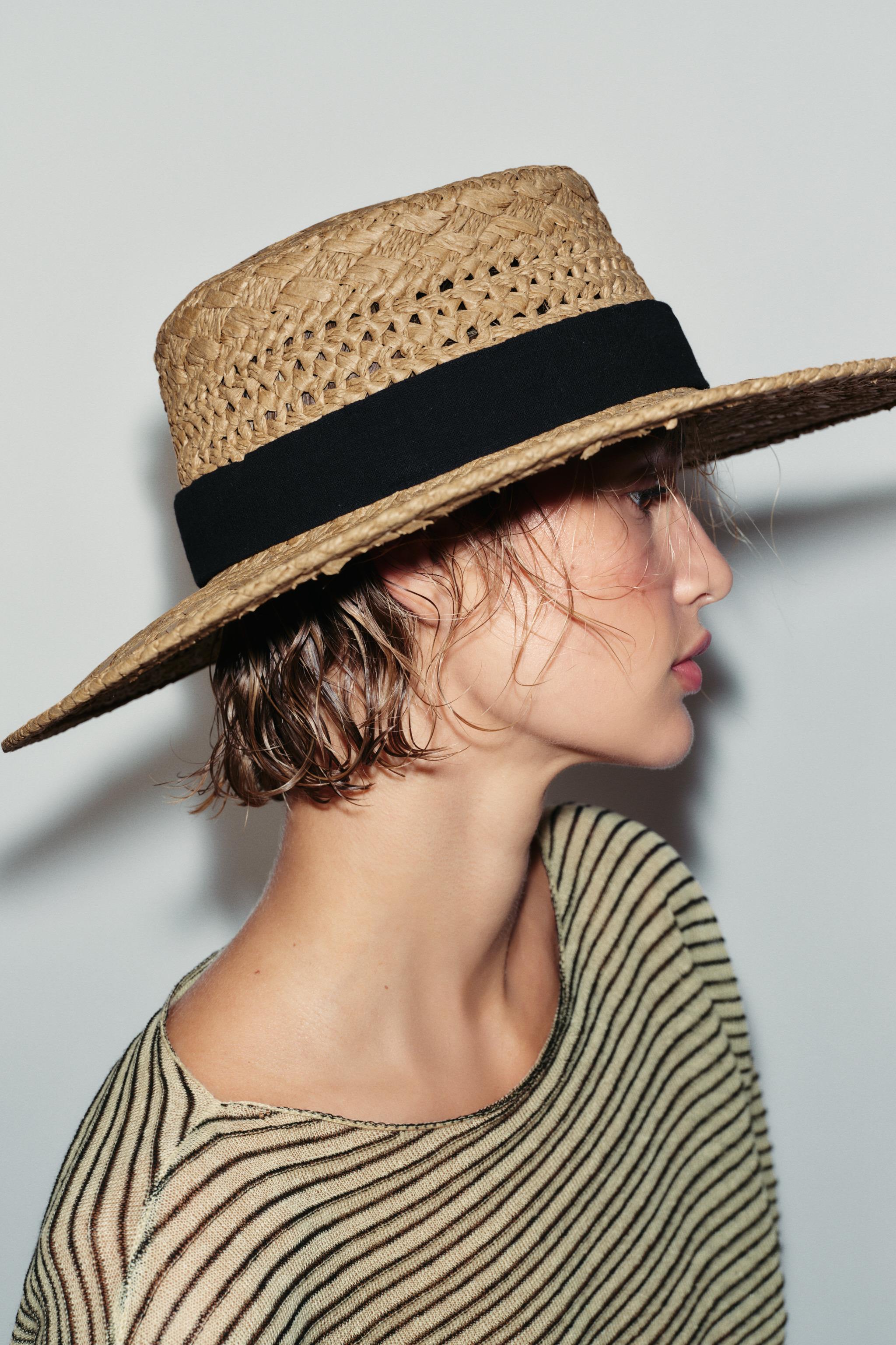WOVEN HAT WITH CONTRASTING RIBBON