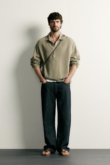 VISCOSE/LINEN REGULAR FIT POLO SHIRT - Olive green by Zara - Image 0
