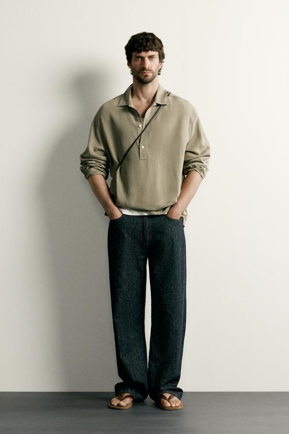 VISCOSE/LINEN REGULAR FIT POLO SHIRT - Olive green by Zara - Image 0