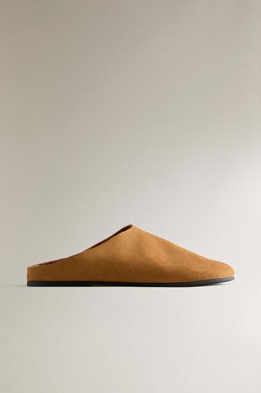 Zara WARM LEATHER MULE SLIPPERS - Brown