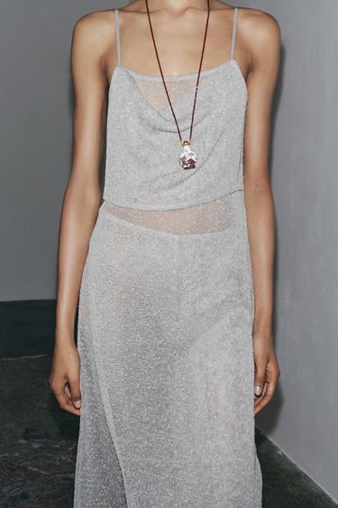 Zara CUT OUT KNIT LONG TOP - Light gray