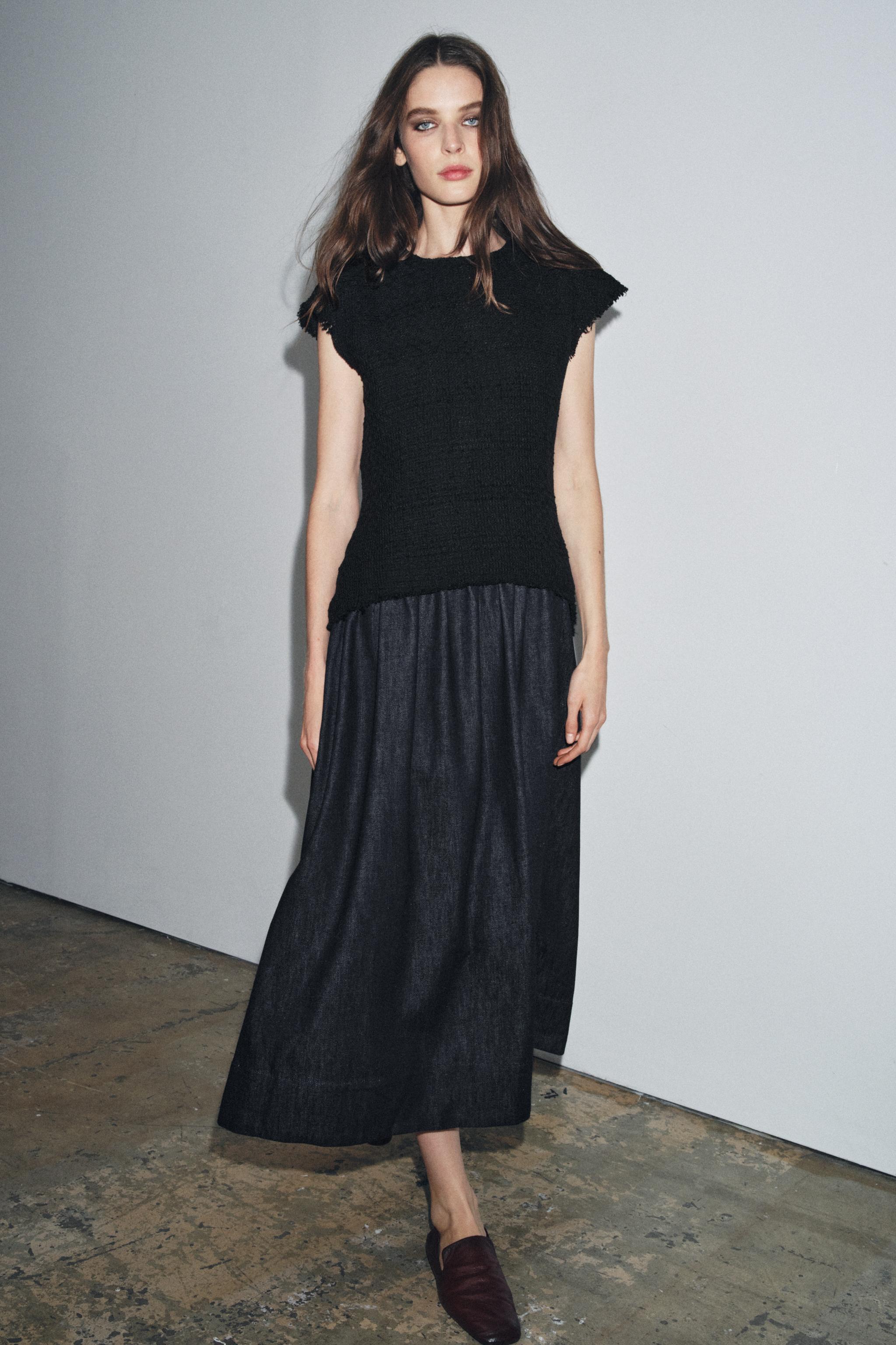 Zara ZW Collection Pleated Midi Dress – Dark Khaki – V-Neck Short Sleeve – Sizes XS-XL