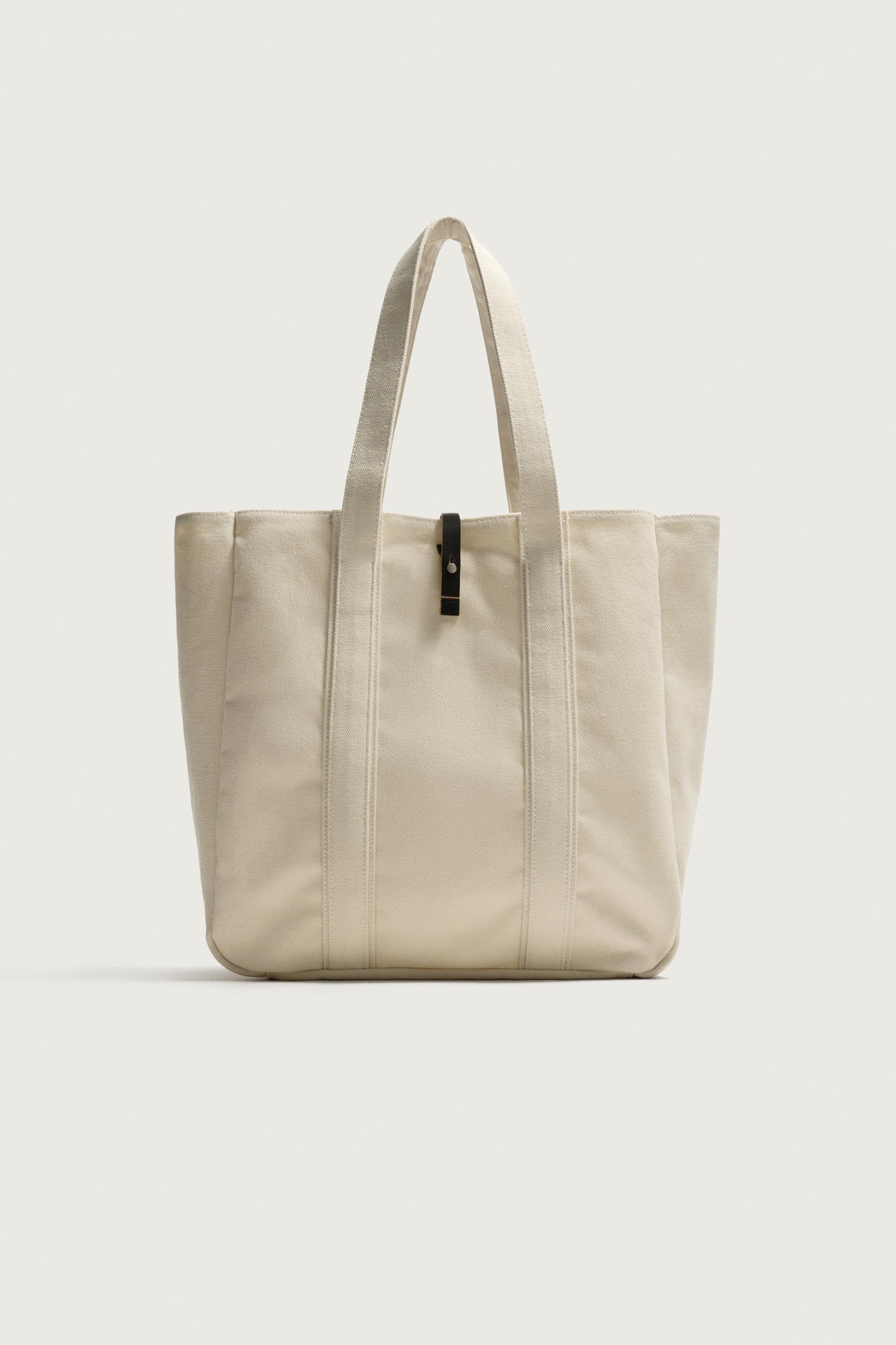 FABRIC SHOPPER WITH LEATHER CLOSURE — Off White