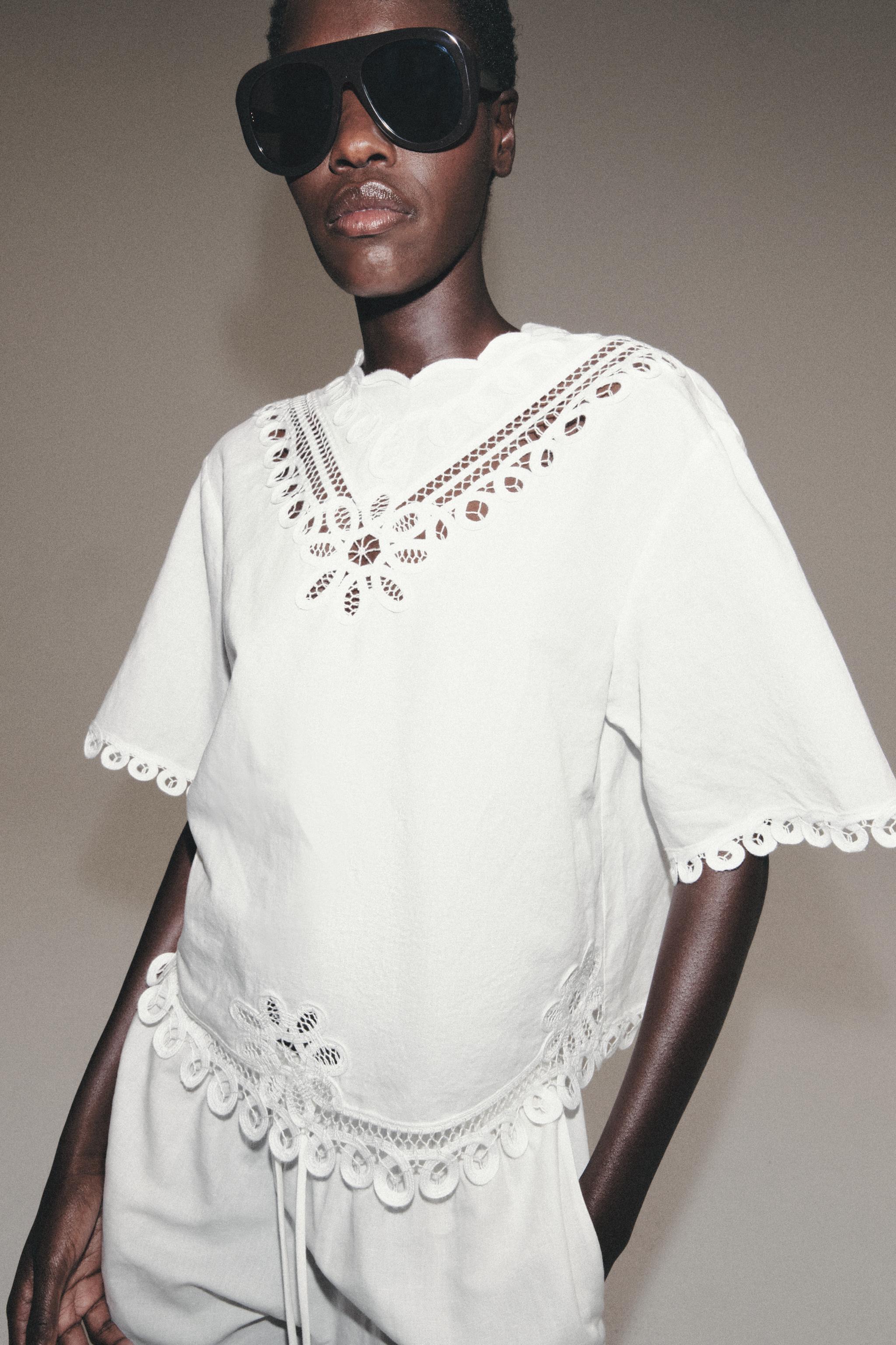 EMBROIDERED LINEN BLEND SHORTS ZW COLLECTION — Oyster-white