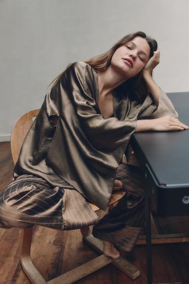 CHEMISE CROISÉE AVEC LIN - Marron clair de Zara - Image 4