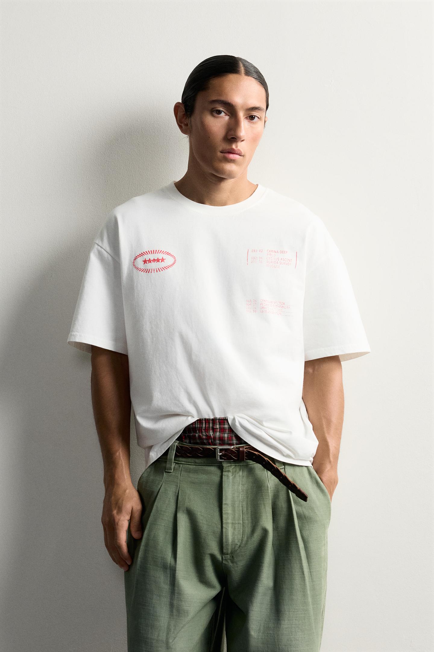 Мужская футболка Zara Relaxed Fit Contrast Print, цвет: Белый — фото 2