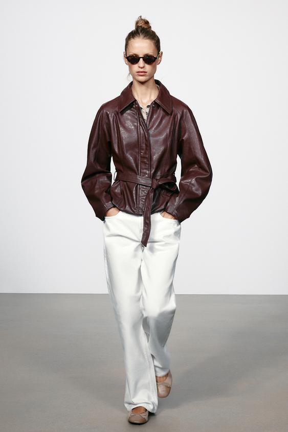Zara LEATHER-EFFECT BELTED JACKET - Burgundy - Image 0