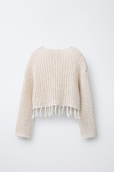 PULL EN MAILLE RÉSILLE À FRANGES - Écru de Zara - Image 1