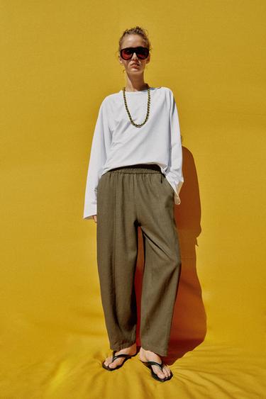 PANTALON BARREL AVEC LIN - Kaki de Zara