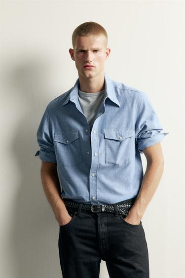 Zara CHAMBRAY RELAXED FIT POCKET SHIRT - Blue