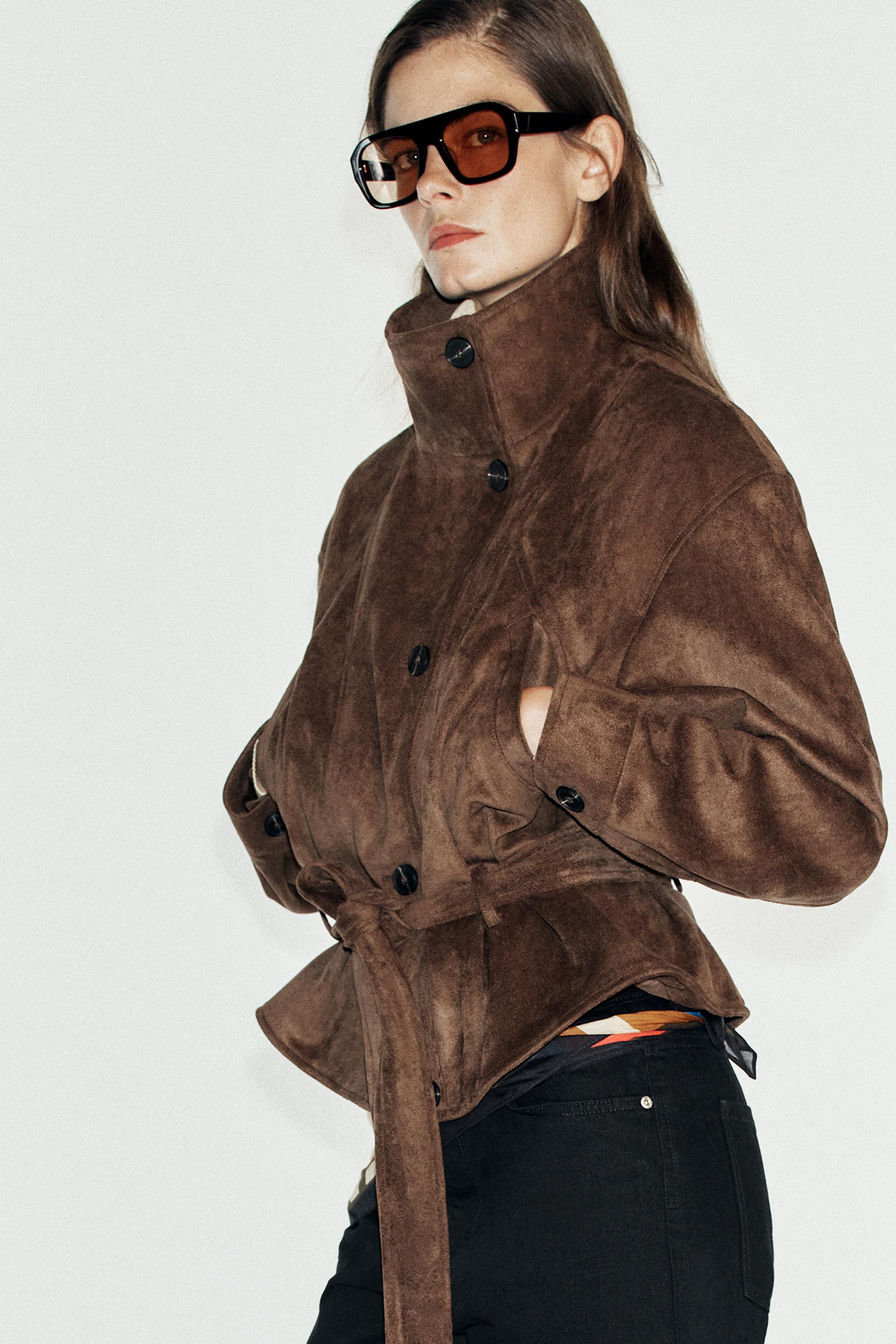 FAUX SUEDE BELTED JACKET — Dark brown