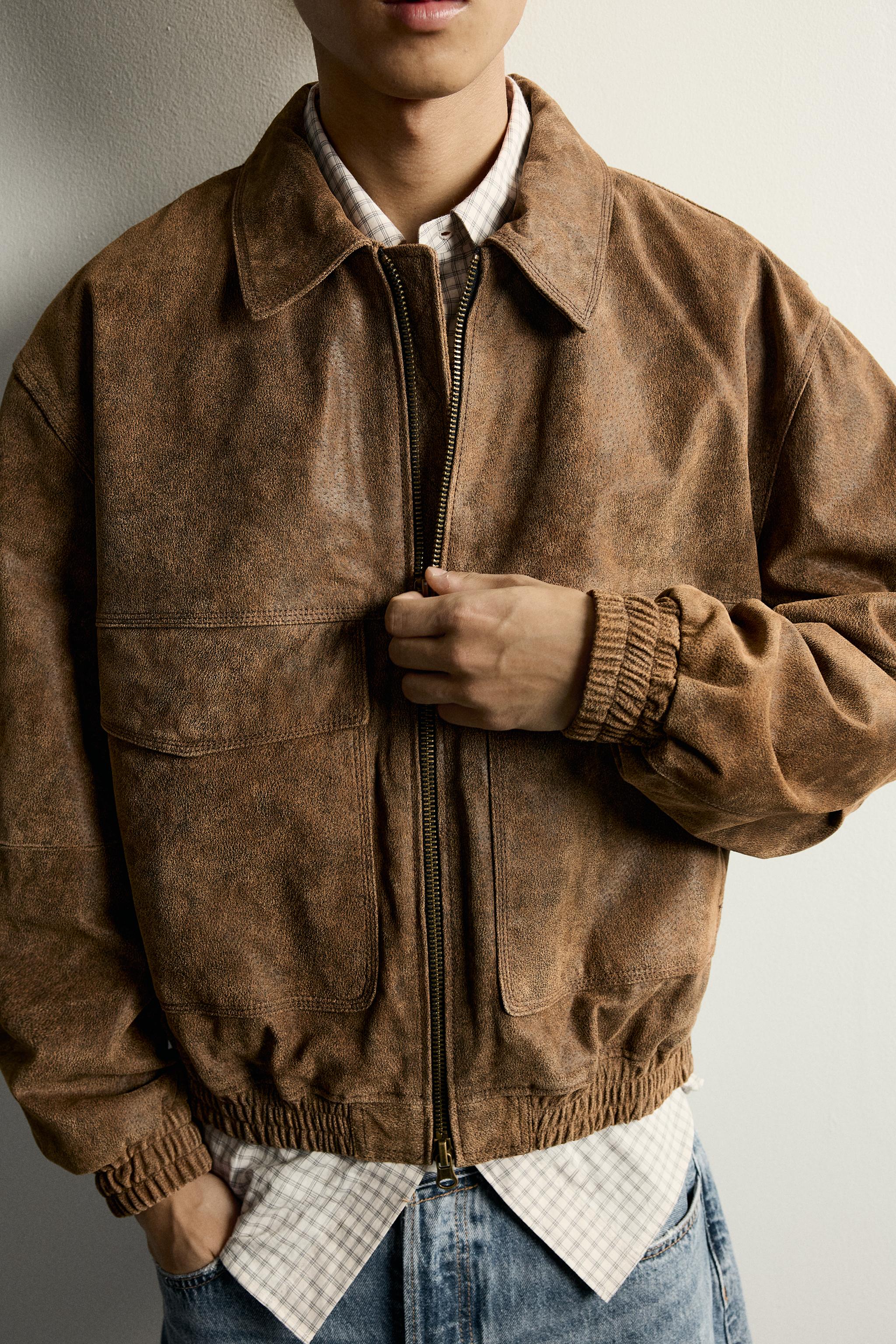Мужские куртки Zara WASHED LEATHER CROPPED JACKET — фото 7