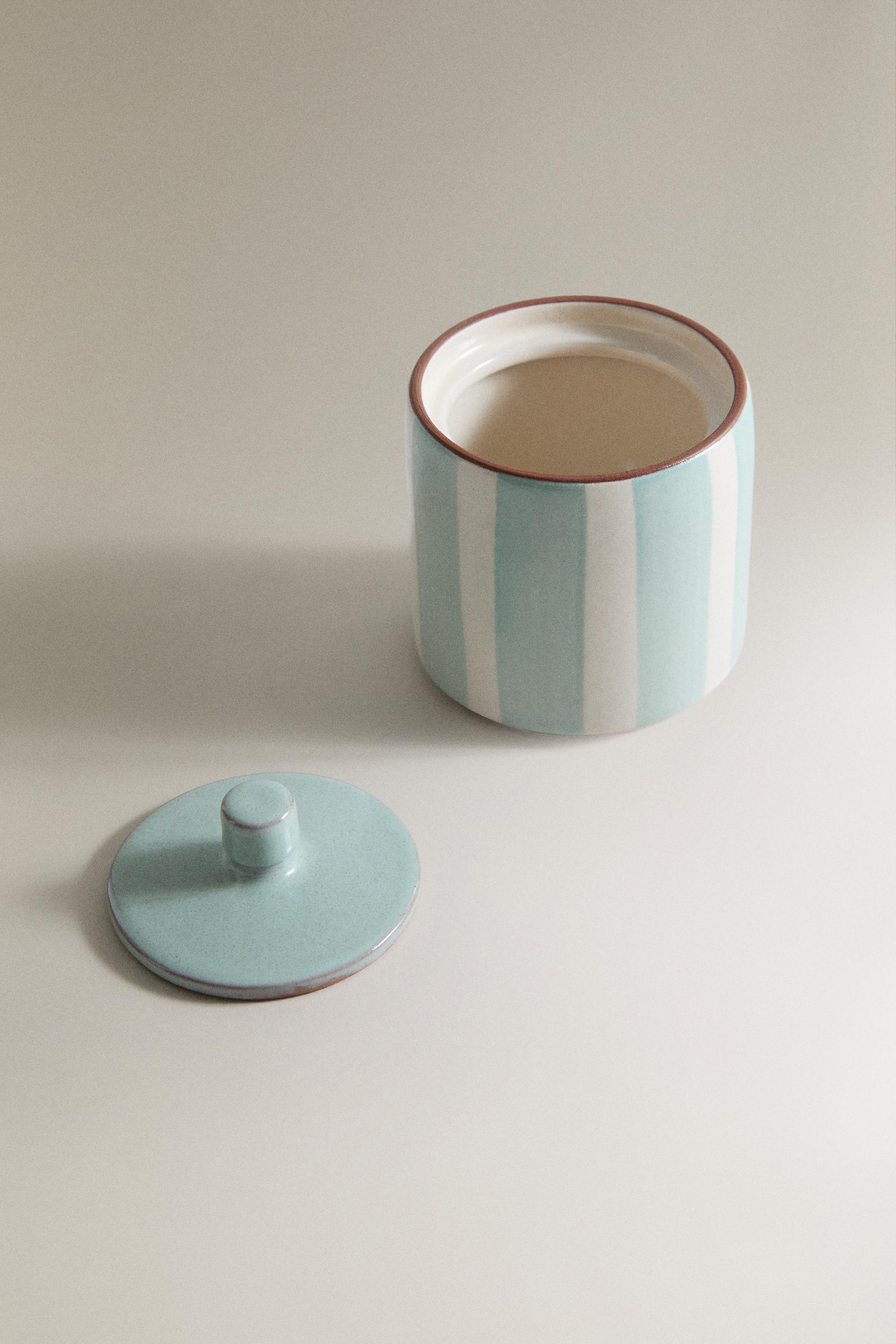 STRIPED CERAMIC BATHROOM ORGANIZER JAR — Blue / White