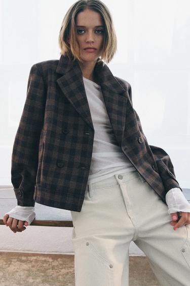 ZARA 緑と白のチェック柄ジャケット Lサイズ チェック柄ダブルブレスト 