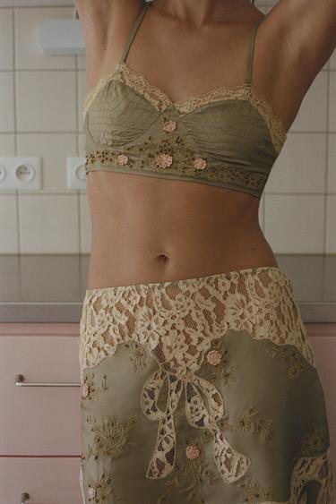 FLORAL EMBROIDERED BEADED MINI SKIRT - Green by Zara