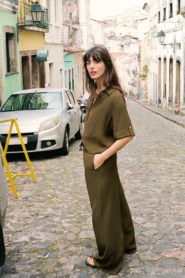 Pantalon Taille Haute Zara Kaki En Viscose - Taille 36, Style Décontracté, Occasion
