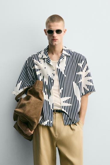 Zara KOŠULJA BOXY KROJA S PRUGASTIM UZORKOM – tamnomornarsko plava