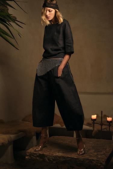 Zara ZW COLLECTION LINEN SHORT SLEEVE TOP - Black