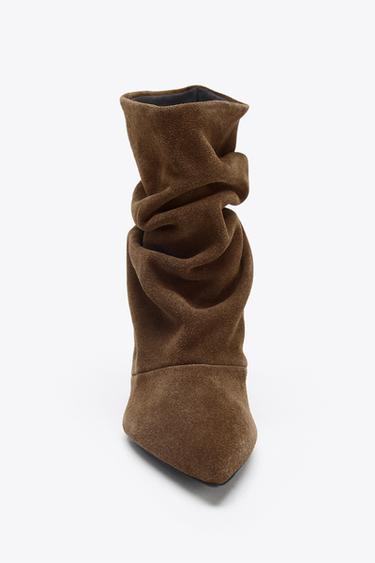 RUFFLED SPLIT SUEDE ANKLE BOOTS - Dark tan by Zara - Image 4