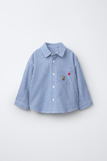 Zara SNOOPY PEANUTS™ EMBROIDERED PLAID SHIRT - Blue
