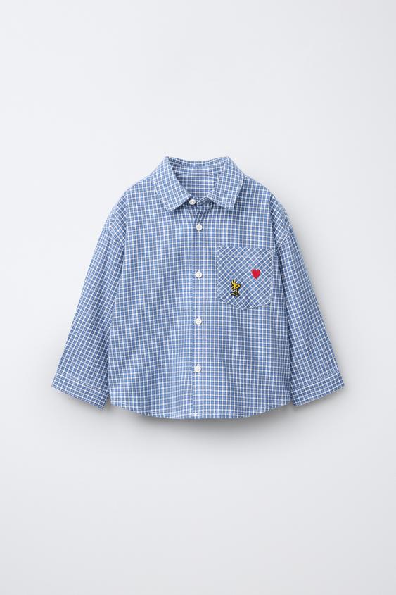 Zara SNOOPY PEANUTS™ EMBROIDERED PLAID SHIRT - Blue - Image 0