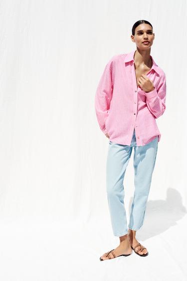 STRIPED LINEN BLEND SHIRT - Pink / White by Zara - Image 0