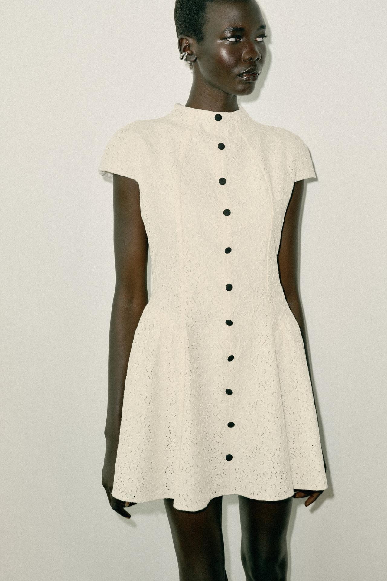 CONTRAST BUTTON LACE MINI DRESS — Ecru