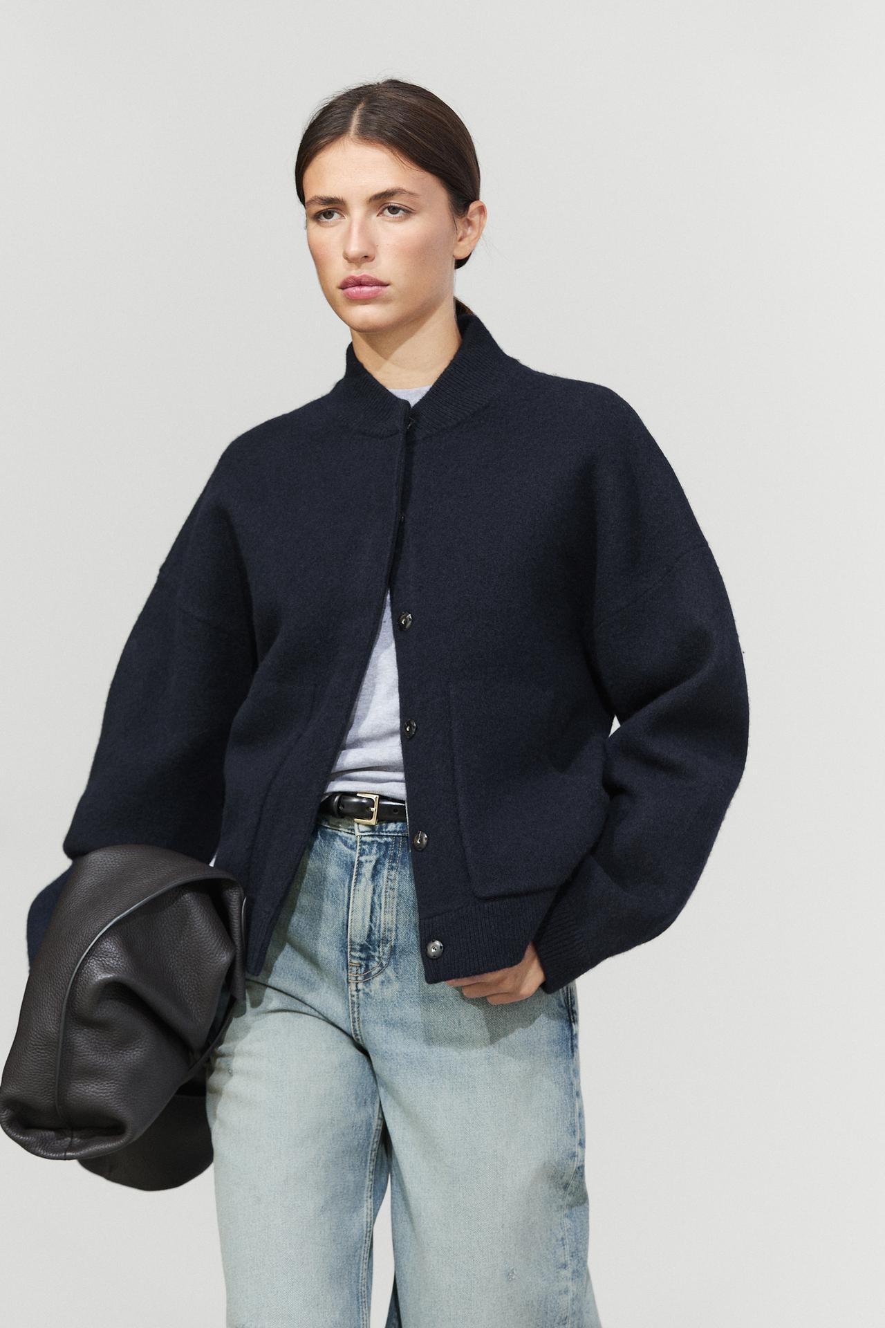 100% wool bomber jacket with pockets — Navy blue