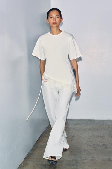 Zara 厚棉蕾絲 T 恤 - 磨白色