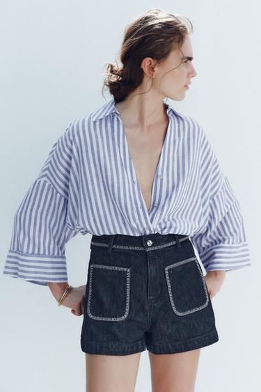 WIDE-SLEEVE LINEN BLEND SHIRT - Blue/White by Zara