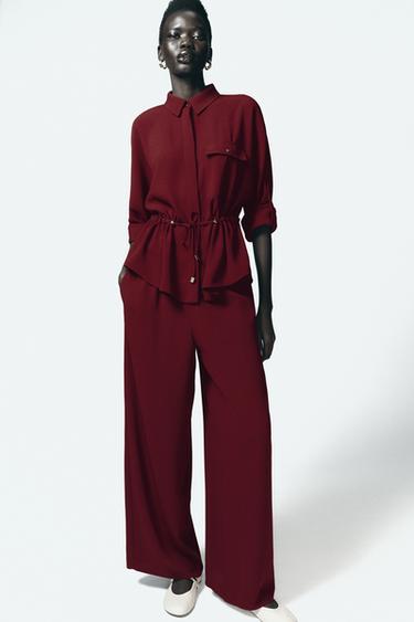 PANTALÓN CREPÉ WIDE LEG - Burgundy de Zara - Imaxe 0