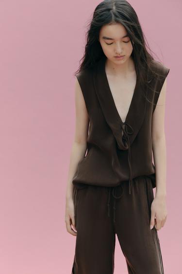 ZW COLLECTION FLOWING TOP WITH TIES - Dark brown by Zara