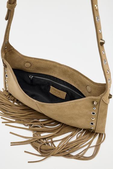 SPLIT SUEDE HANDBAG WITH FRINGING - Dark tan by Zara - Image 6