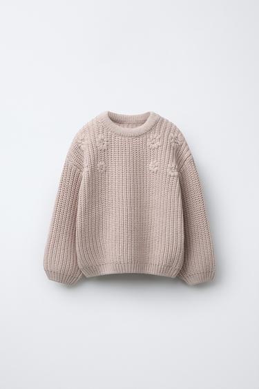 Zara FLORAL EMBROIDERY KNIT SWEATER - Light beige