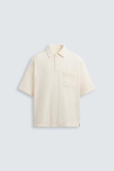 Zara TEXTURED KNIT POLO SHIRT - Ecru