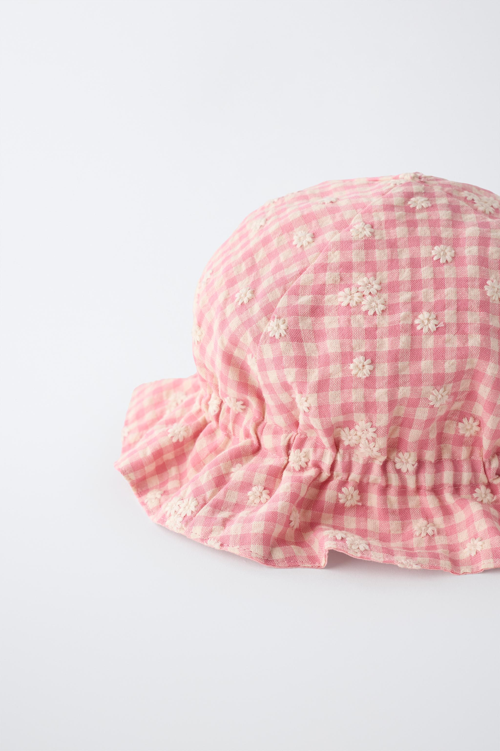 GINGHAM AND EMBROIDERED FLOWER HAT — Pink / White (alternate view)