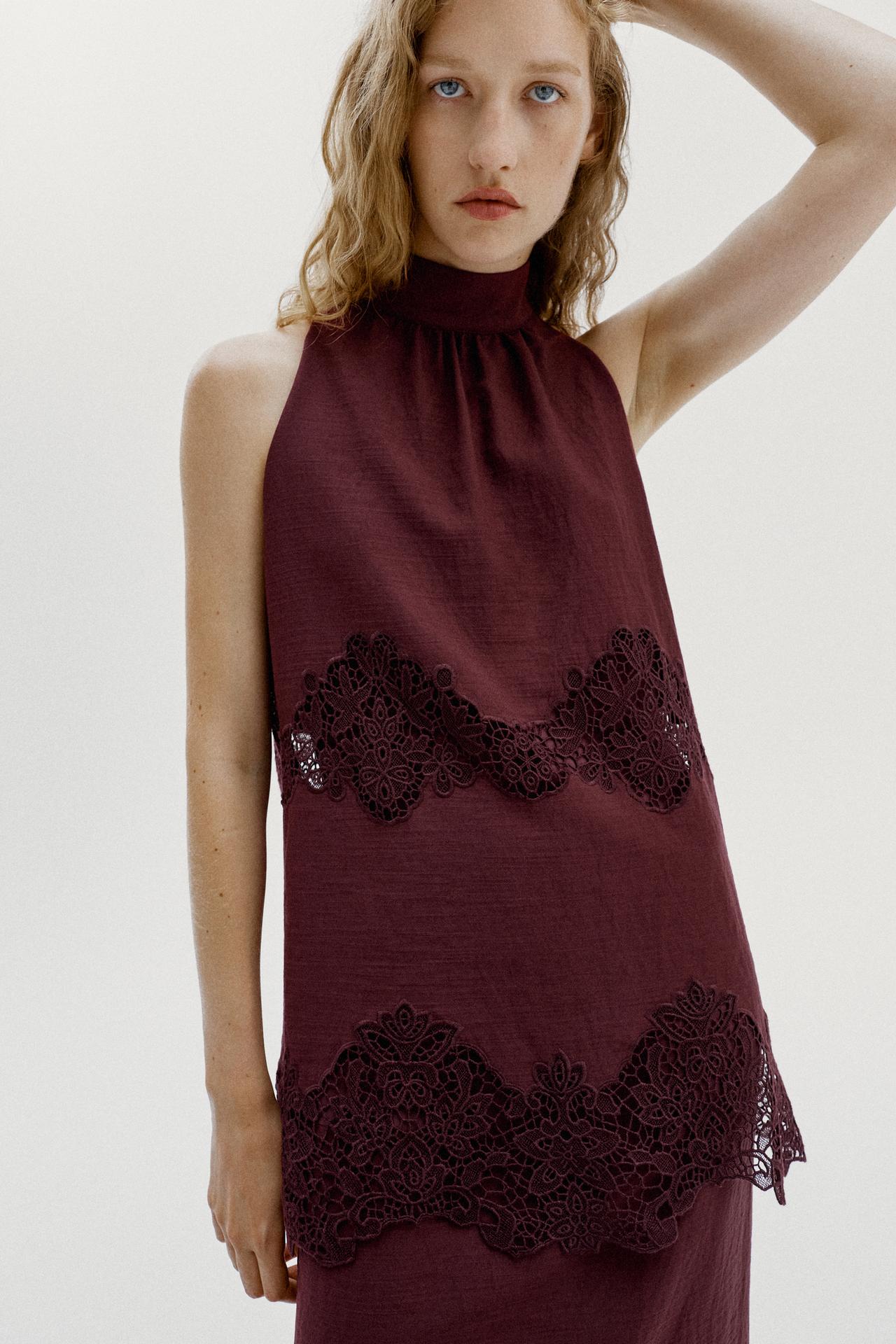 EMBROIDERED HALTER MIDI DRESS — Maroon