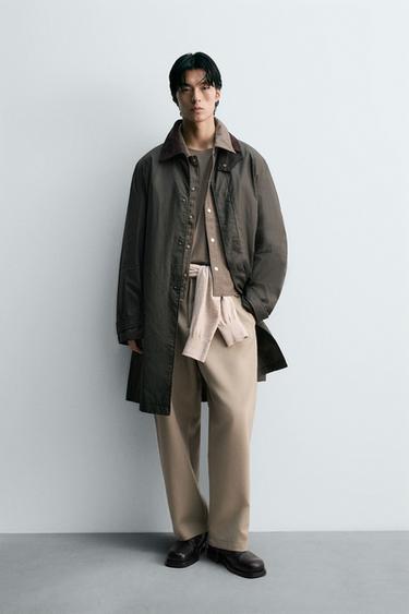 왁스 코팅 콤비 칼라 트렌치 코트 - Zara 다크 카키