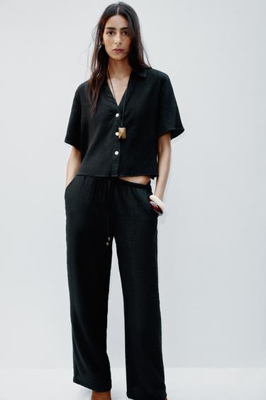 Zara ELASTIC WAIST WIDE LEG PANTS - Black