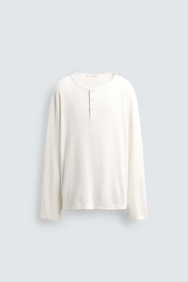 BUTTON-NECK GRID T-SHIRT - Oyster-white by Zara - Image 6