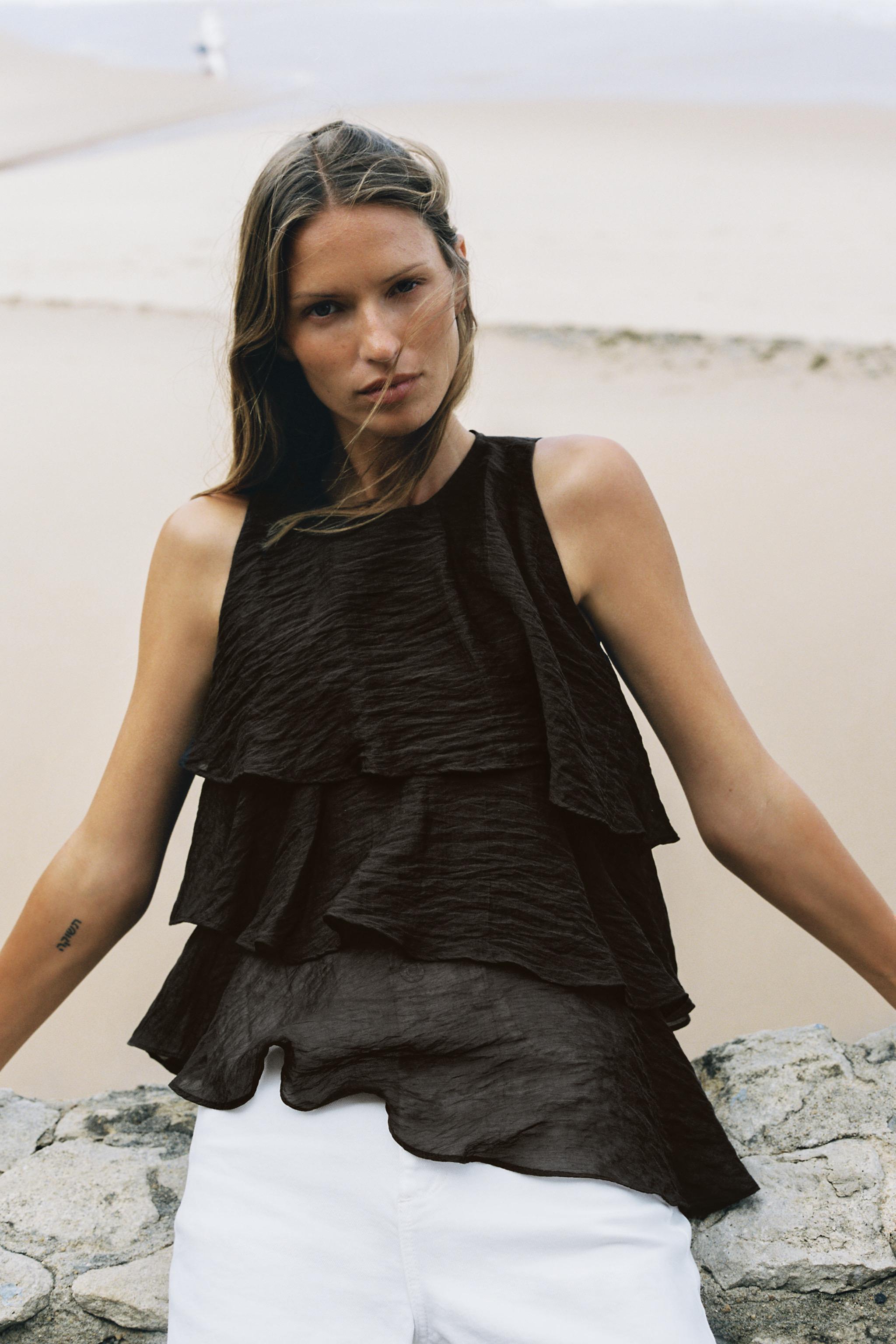 ASYMMETRIC RUFFLE TOP — Brown