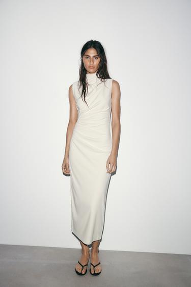 VESTIDO DRAPEADO DE GOLA ALTA - Branco-marfim da Zara