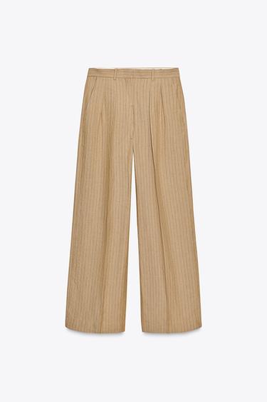 Zara ZW COLLECTION LINEN STRIPE PLEATED PANTS - Light camel