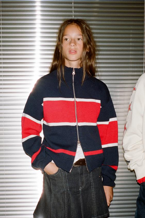 STRIPE AND TEXT PRINT CARDIGAN - Dark navy by Zara - Image 0
