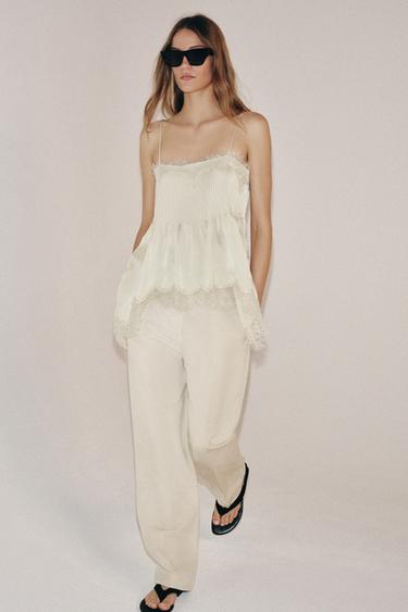 Zara ZW COLLECTION LACE CAMISOLE TOP - Mid-ecru